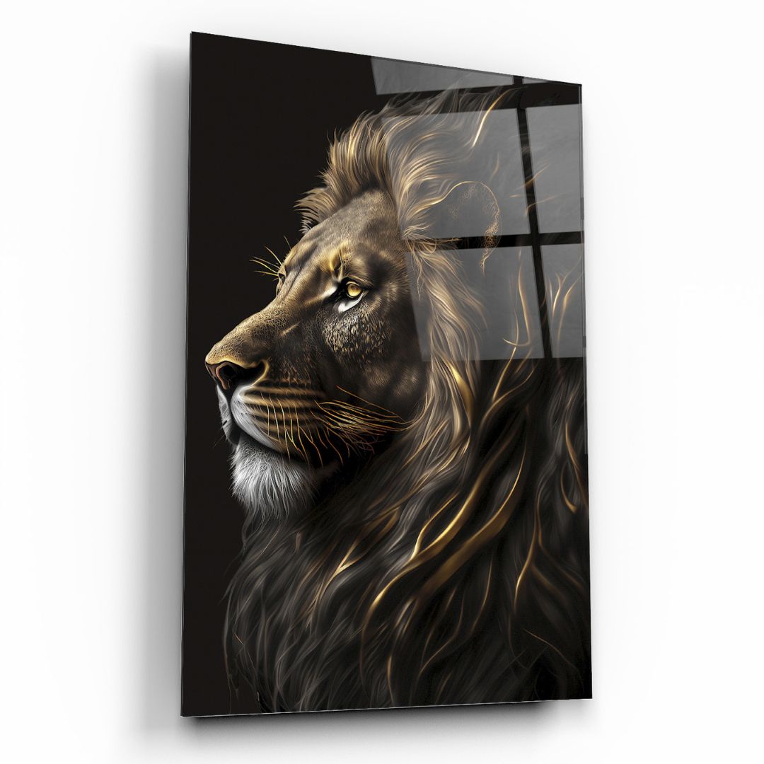 Golden Gaze: The Noble Lion Glass Wall Art