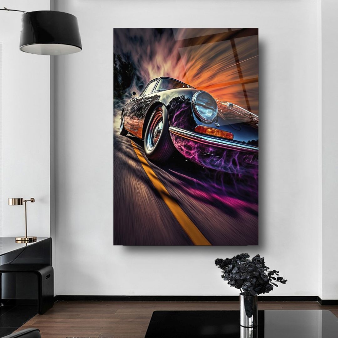 Speeding Through Time: Retro Motion Glass wall Art