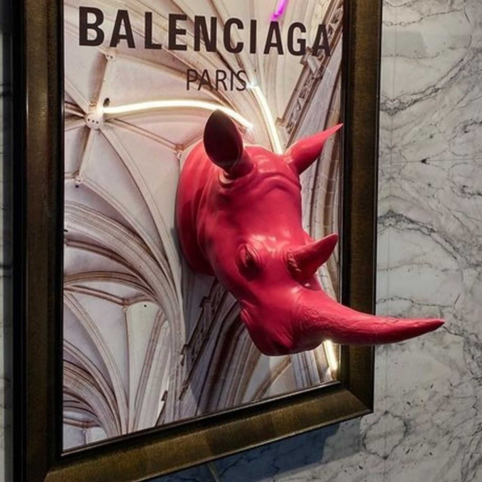 Wild Elegance: Rhino on Balenciaga Print Neon Sign Wall Art