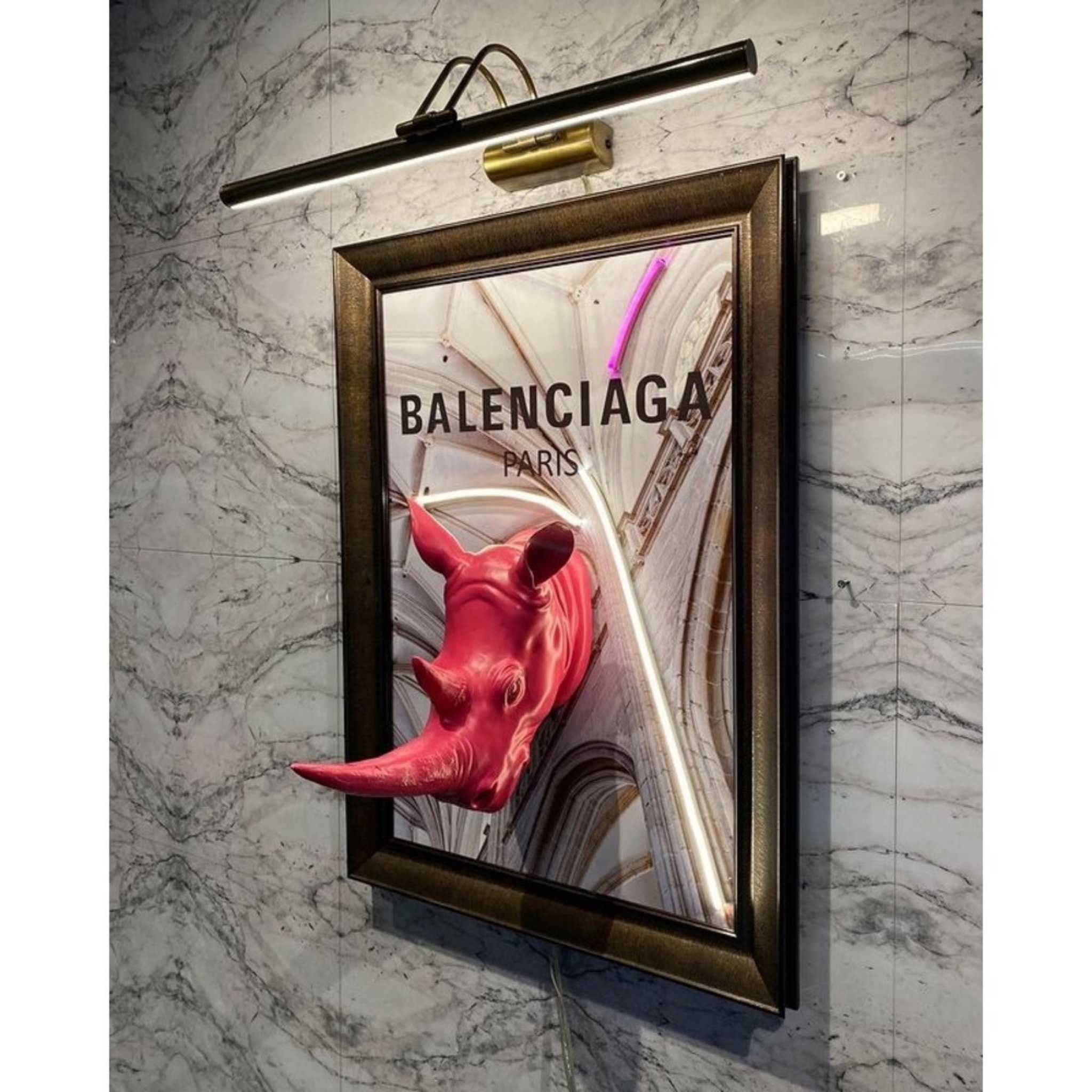 Wild Elegance: Rhino on Balenciaga Print Neon Sign Wall Art