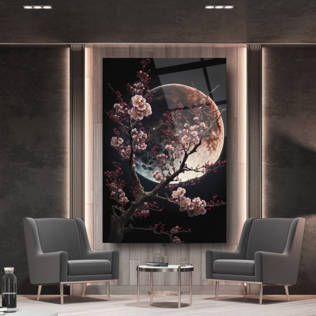 Moonlit Blossoms: Serenity in Bloom Glass Wall Art