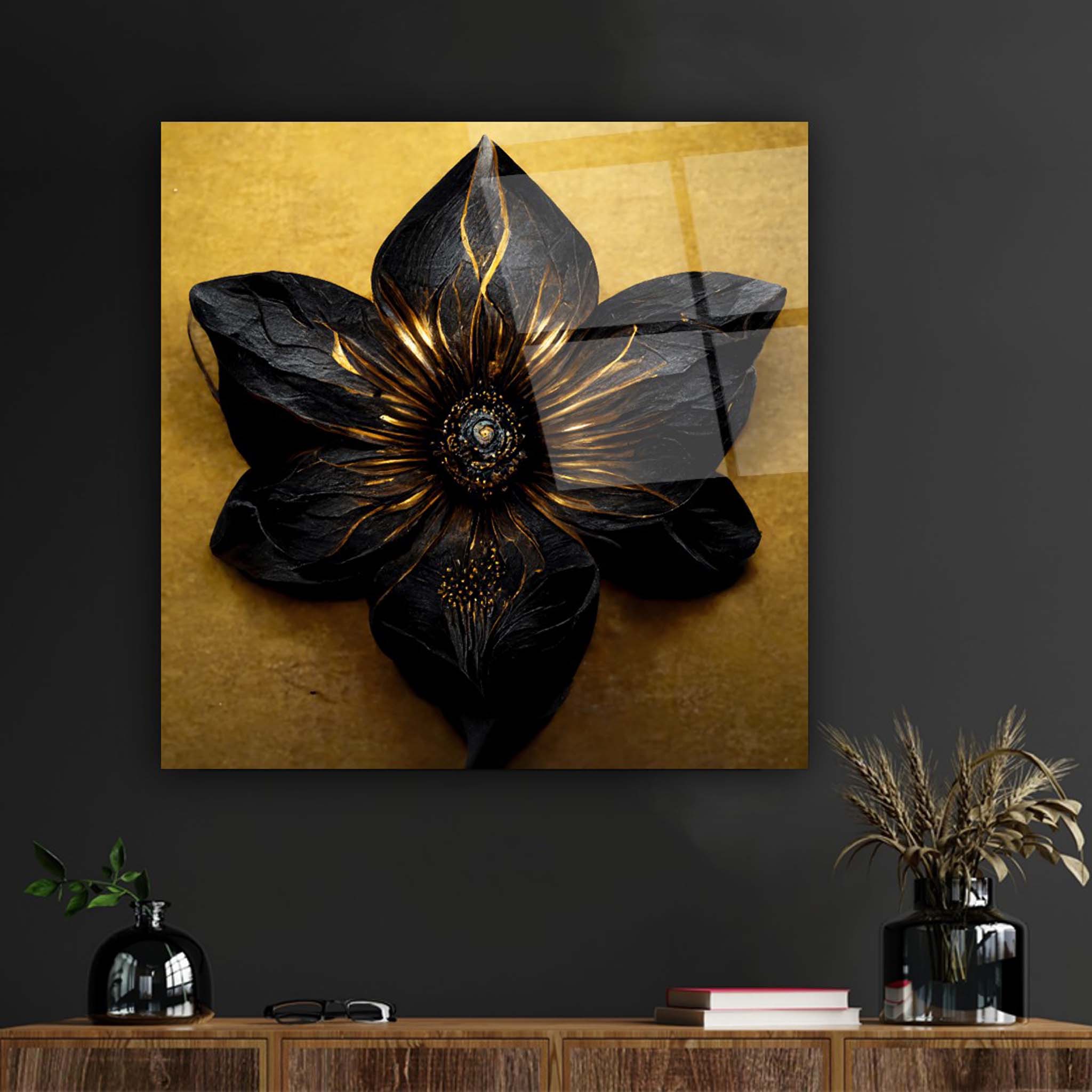 Gold Flowers Glass Wall Art