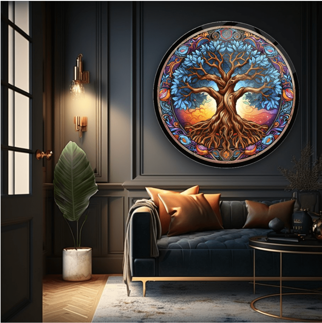 Colourful Tree Root Rounded Glass Wall Art