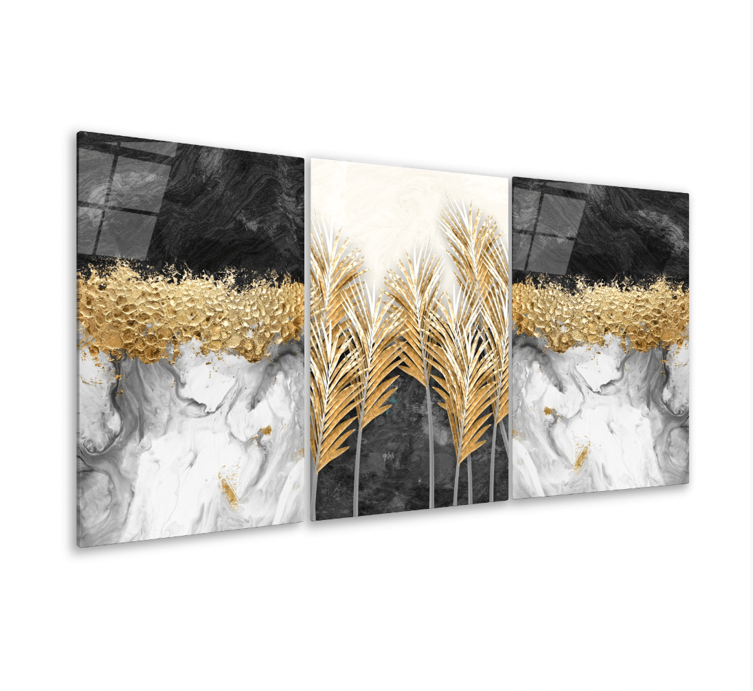 Golden Leaf Glass Wall Art & Set of 3