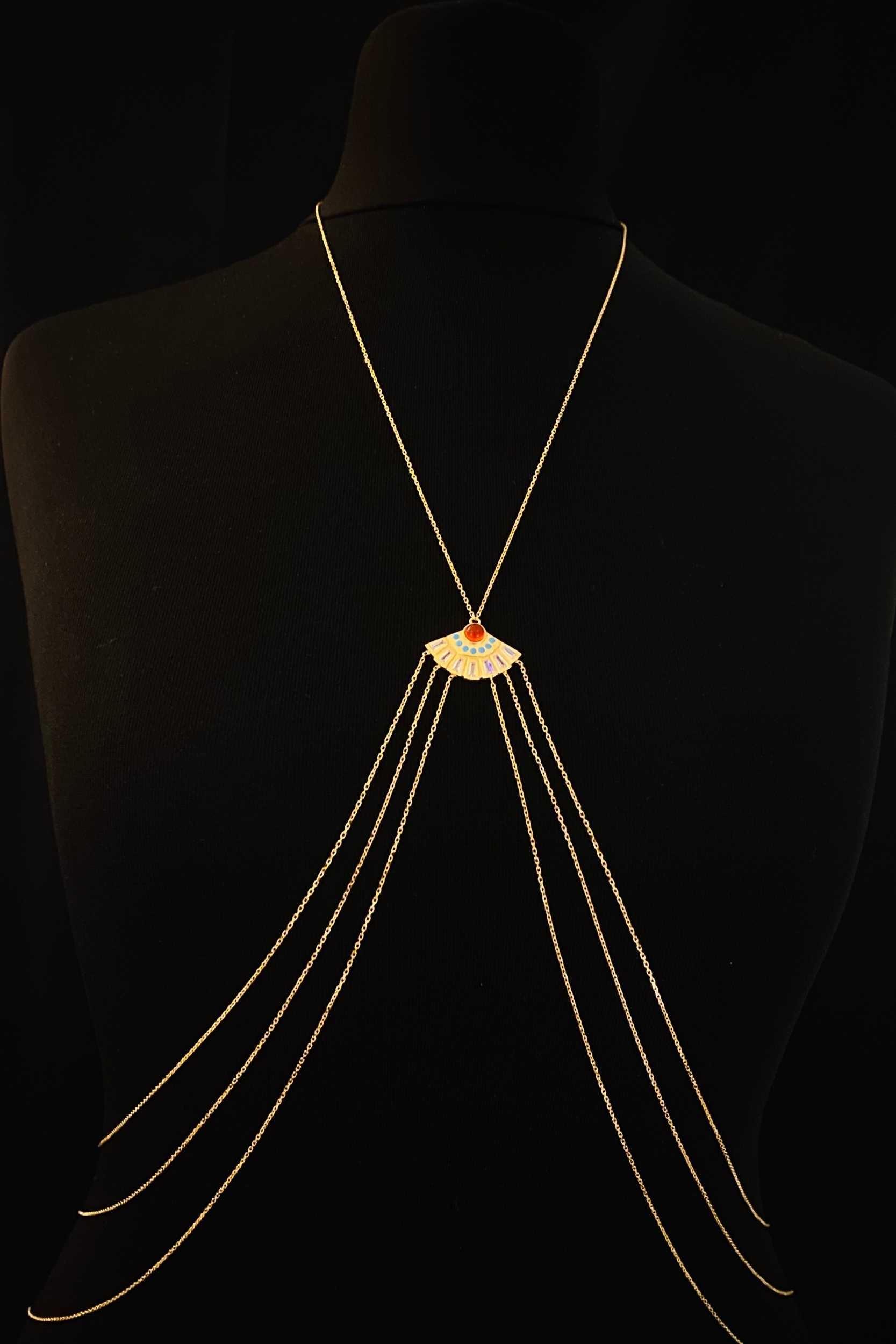 Fan, Body Chain, Carnelian, Turqouise, Clear Quartz