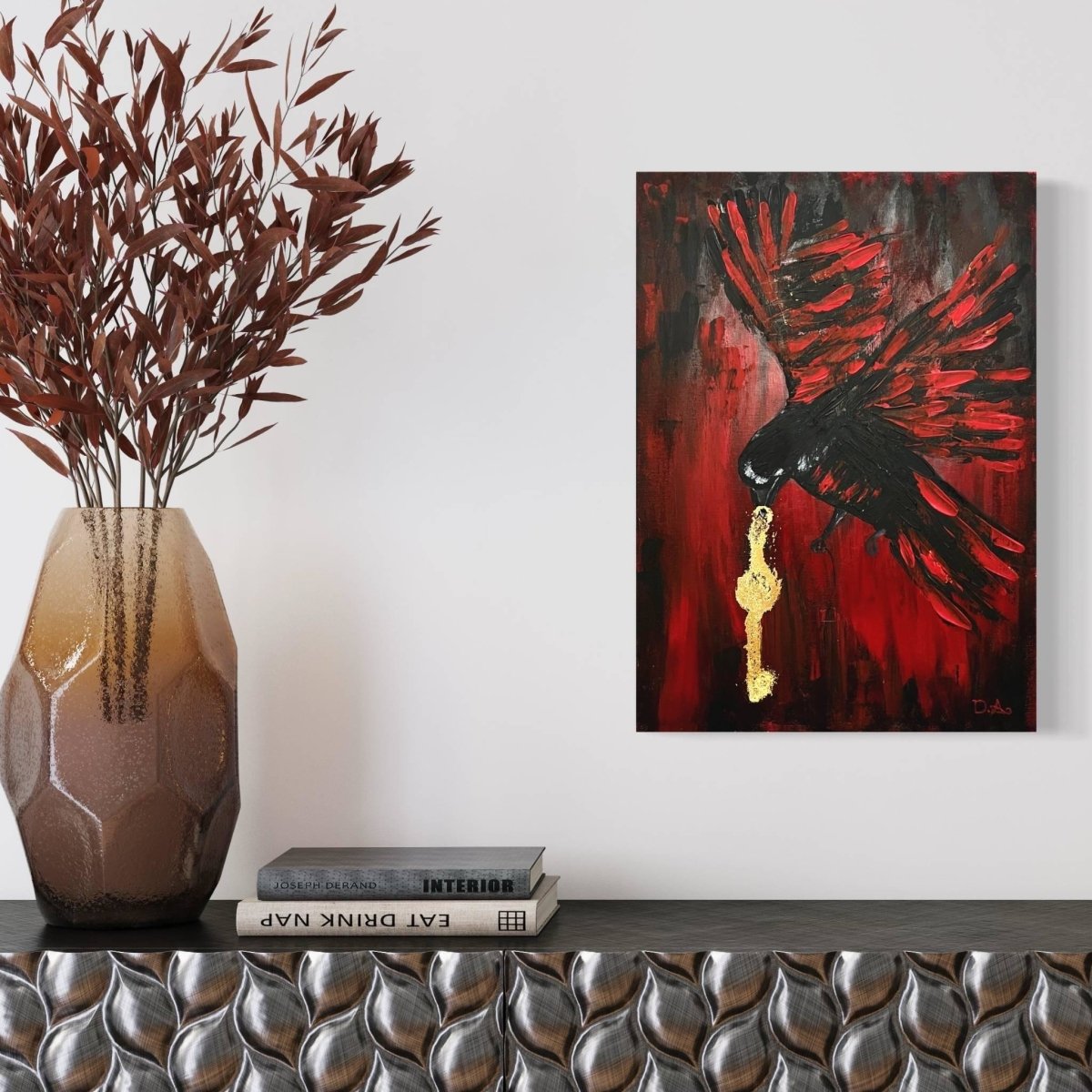 Crow and Key of Heaven Original Painting on Canvas - Artchi