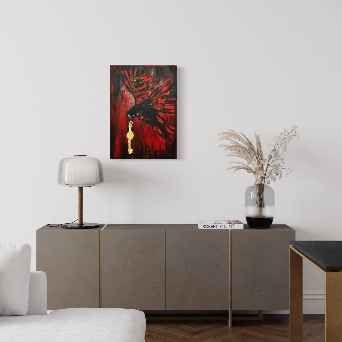 Crow and Key of Heaven Original Painting on Canvas - Artchi
