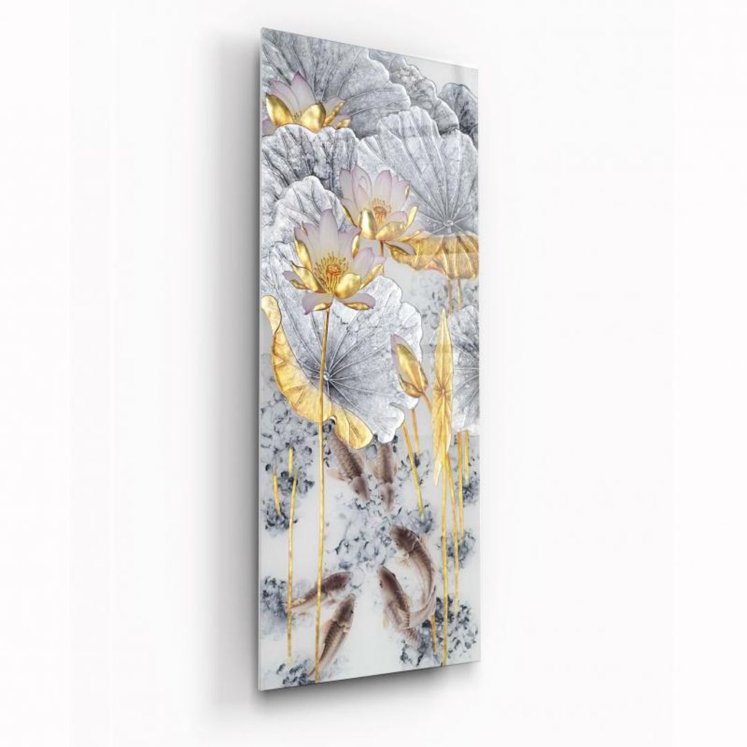 Golden Lotus Serenade Glass Wall Art