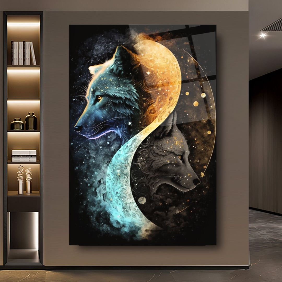 Cosmic Wolves: Balance of Day and Night Glass Wall Art