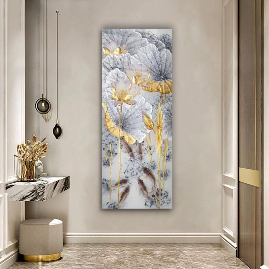 Golden Lotus Serenade Glass Wall Art