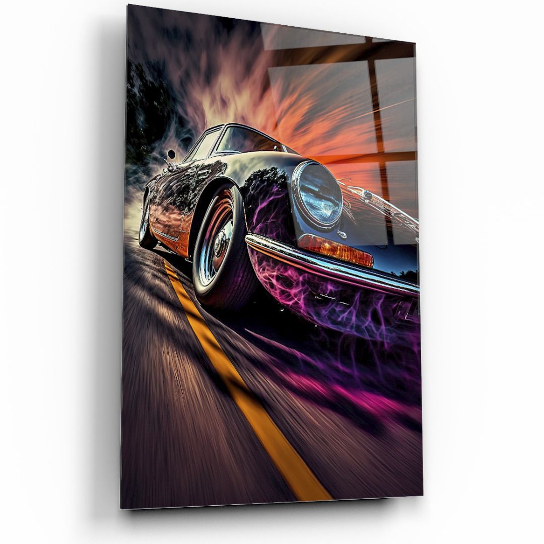 Speeding Through Time: Retro Motion Glass wall Art