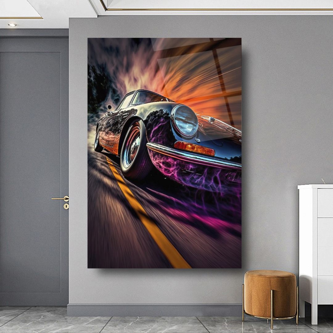 Speeding Through Time: Retro Motion Glass wall Art