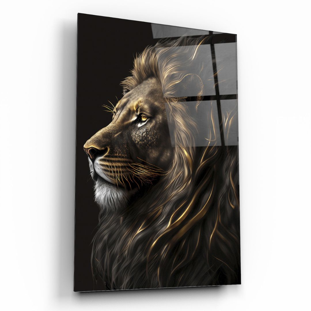 Golden Gaze: The Noble Lion Glass Wall Art