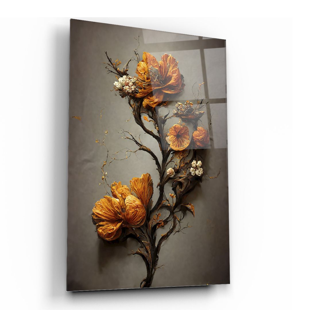 Golden Bloom: Nature’s Grace in Glass Wall Art