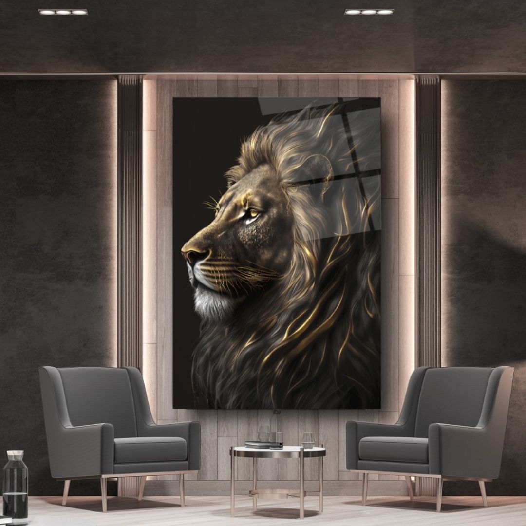 Golden Gaze: The Noble Lion Glass Wall Art