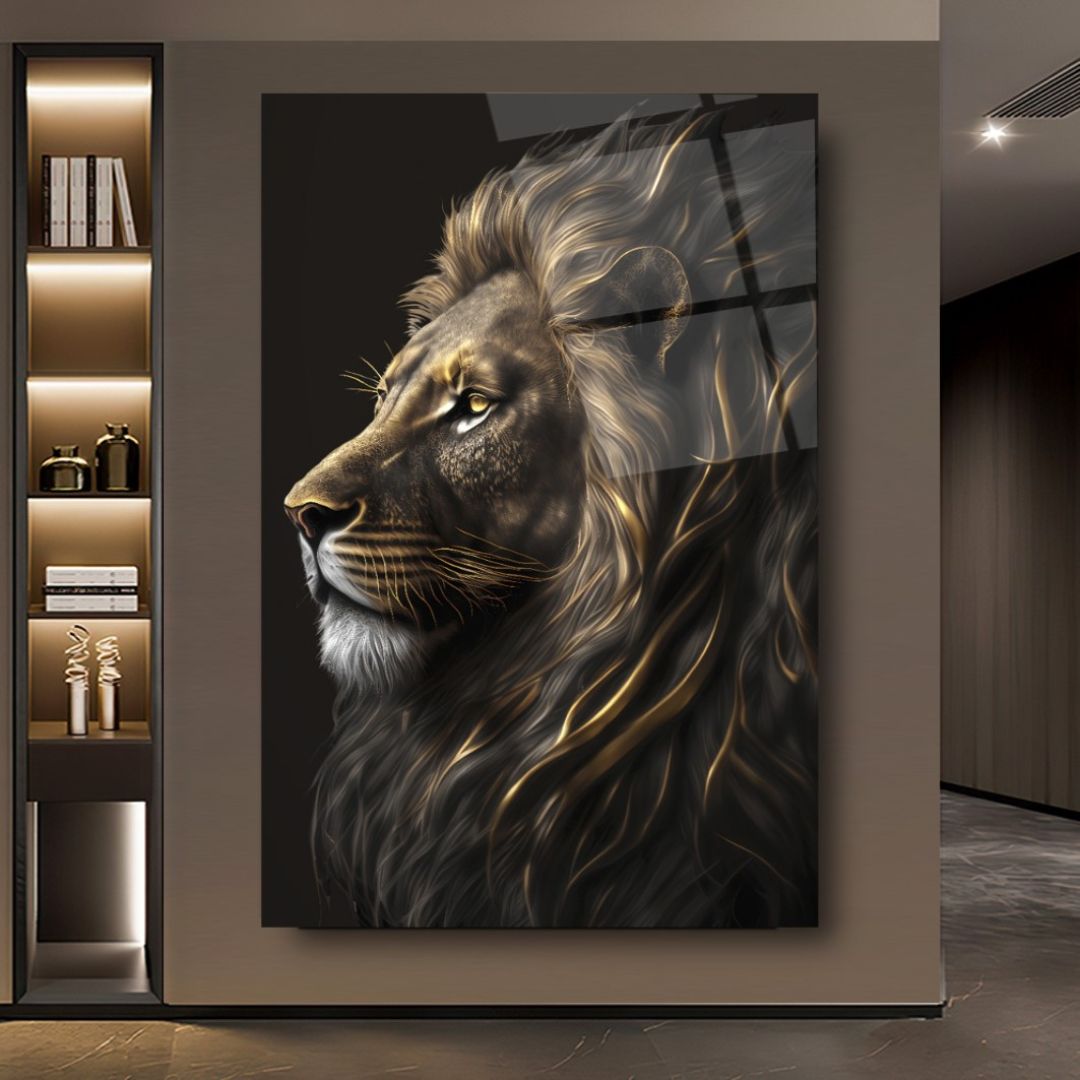 Golden Gaze: The Noble Lion Glass Wall Art