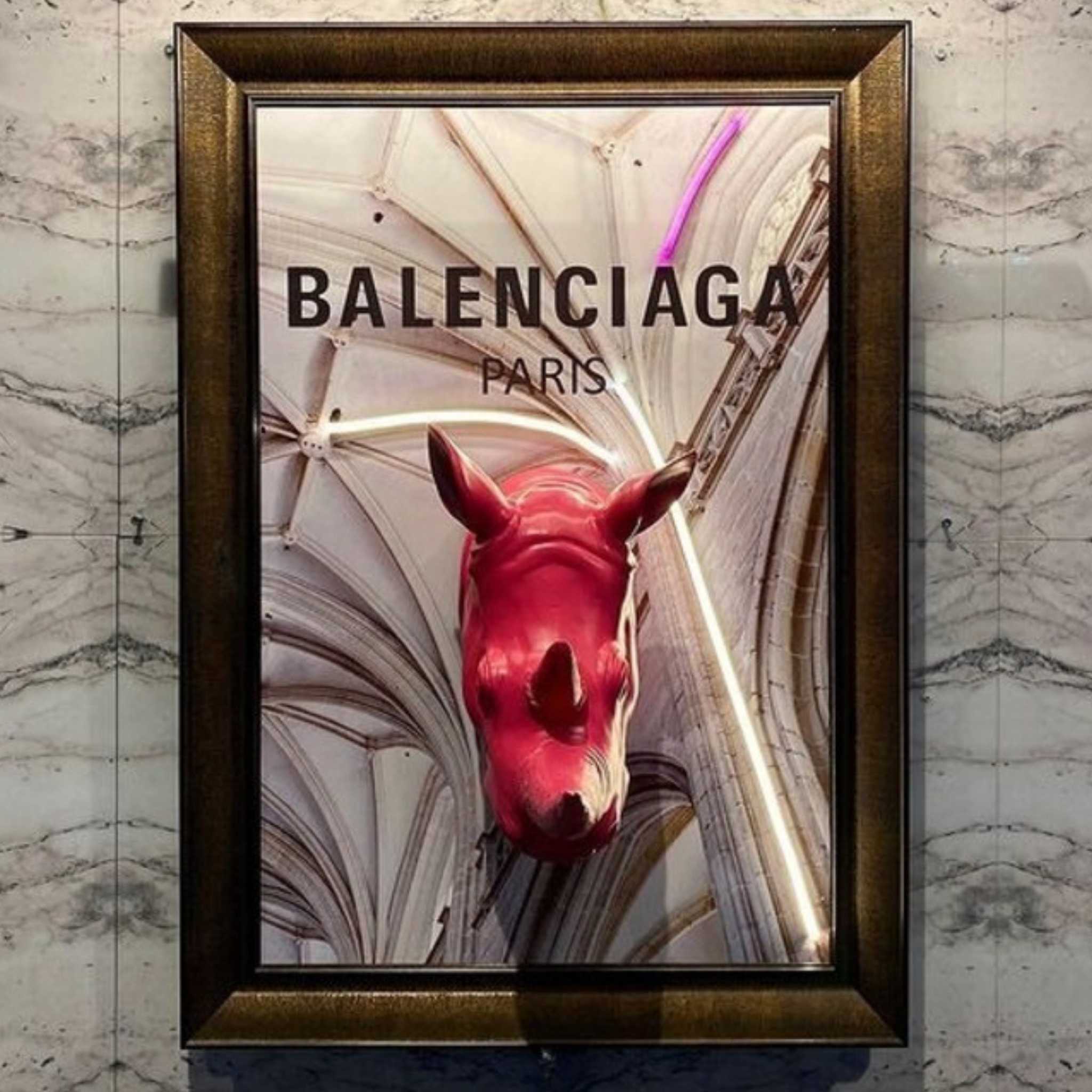 Wild Elegance: Rhino on Balenciaga Print Neon Sign Wall Art
