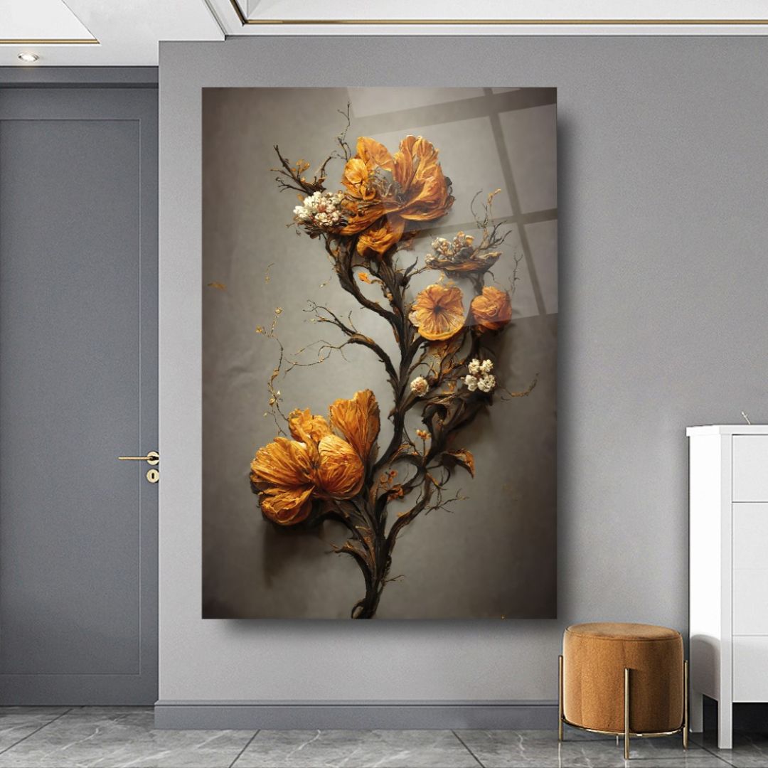 Golden Bloom: Nature’s Grace in Glass Wall Art