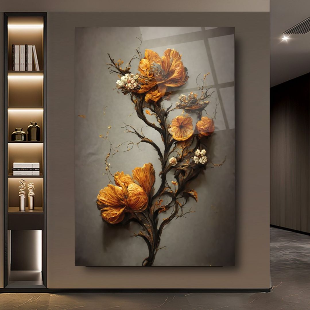 Golden Bloom: Nature’s Grace in Glass Wall Art