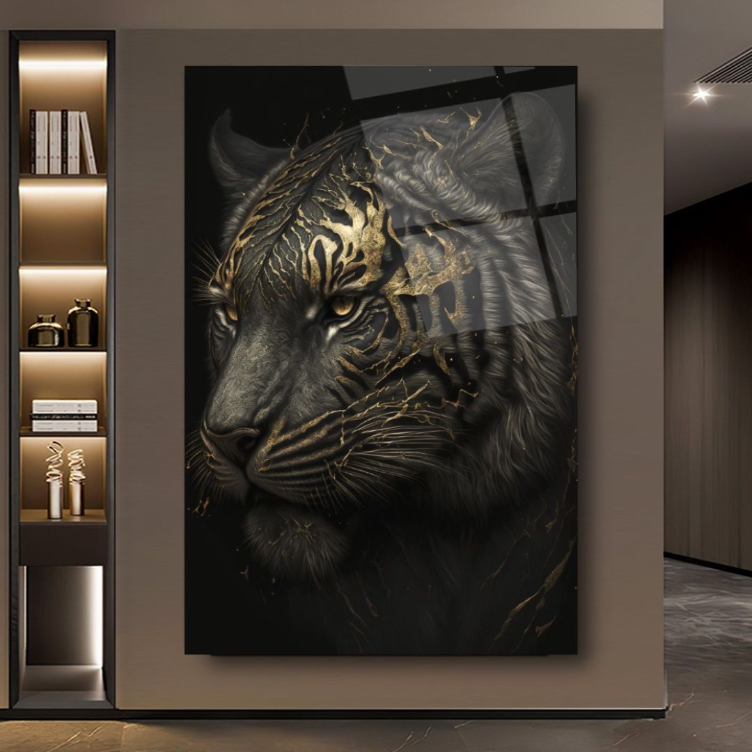 Golden Majesty: The Regal Tiger Glass Wall Art