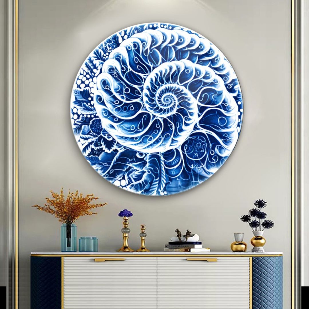 Blue Nautilus Spiral Glass Wall Art