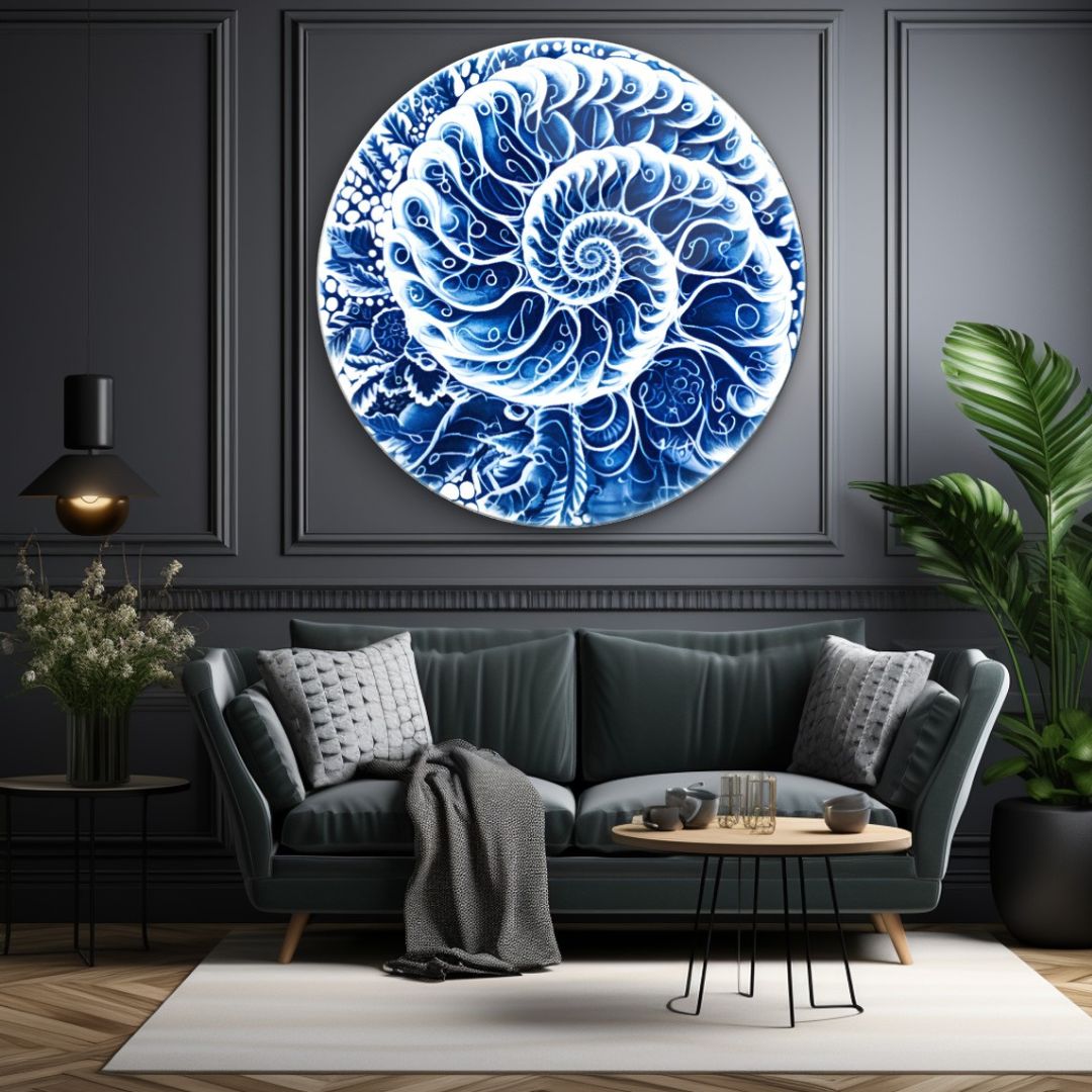 Blue Nautilus Spiral Glass Wall Art