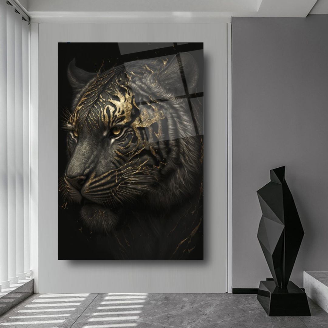 Golden Majesty: The Regal Tiger Glass Wall Art