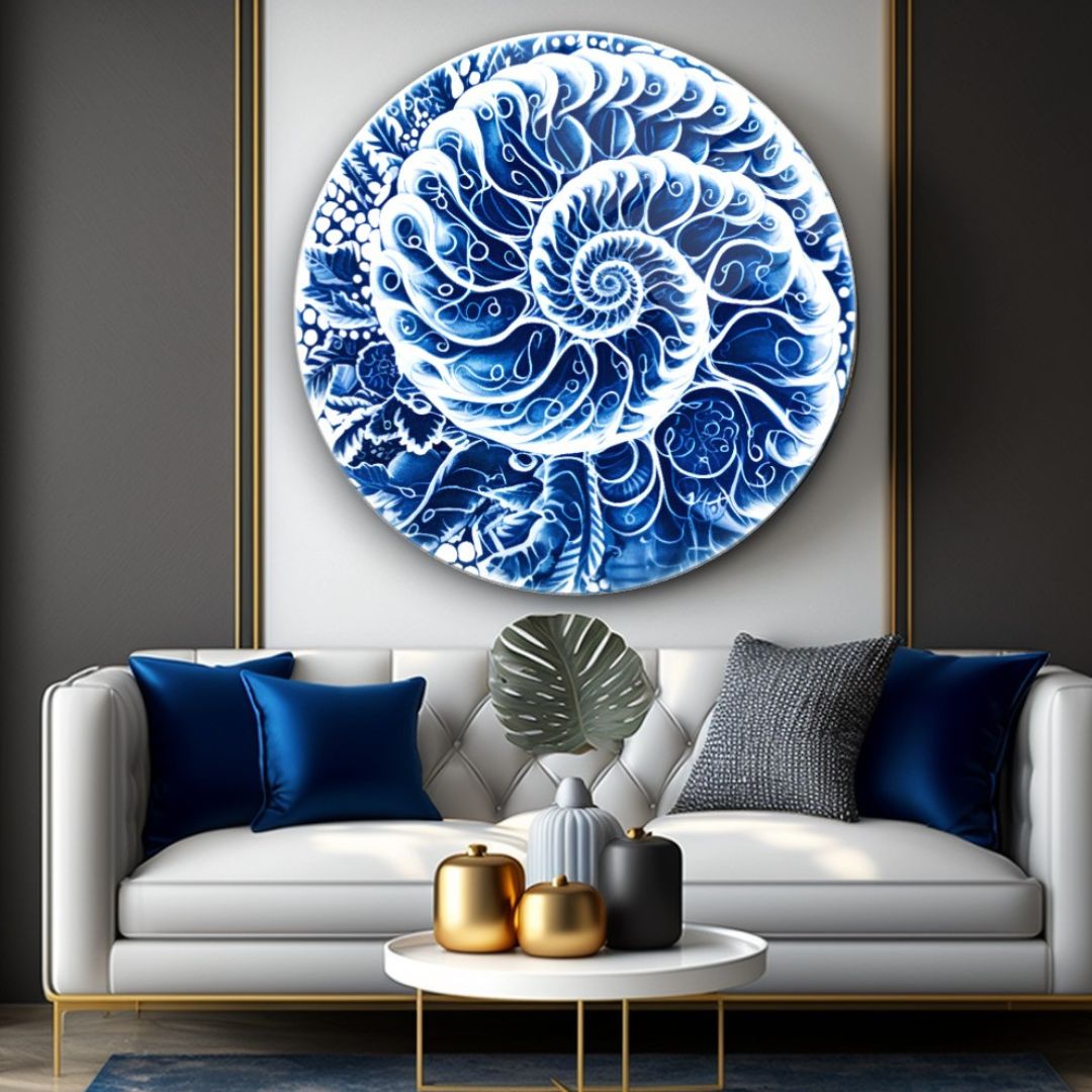 Blue Nautilus Spiral Glass Wall Art