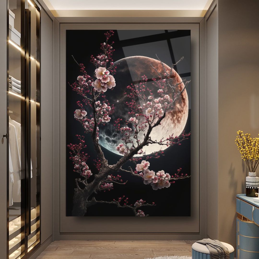 Moonlit Blossoms: Serenity in Bloom Glass Wall Art