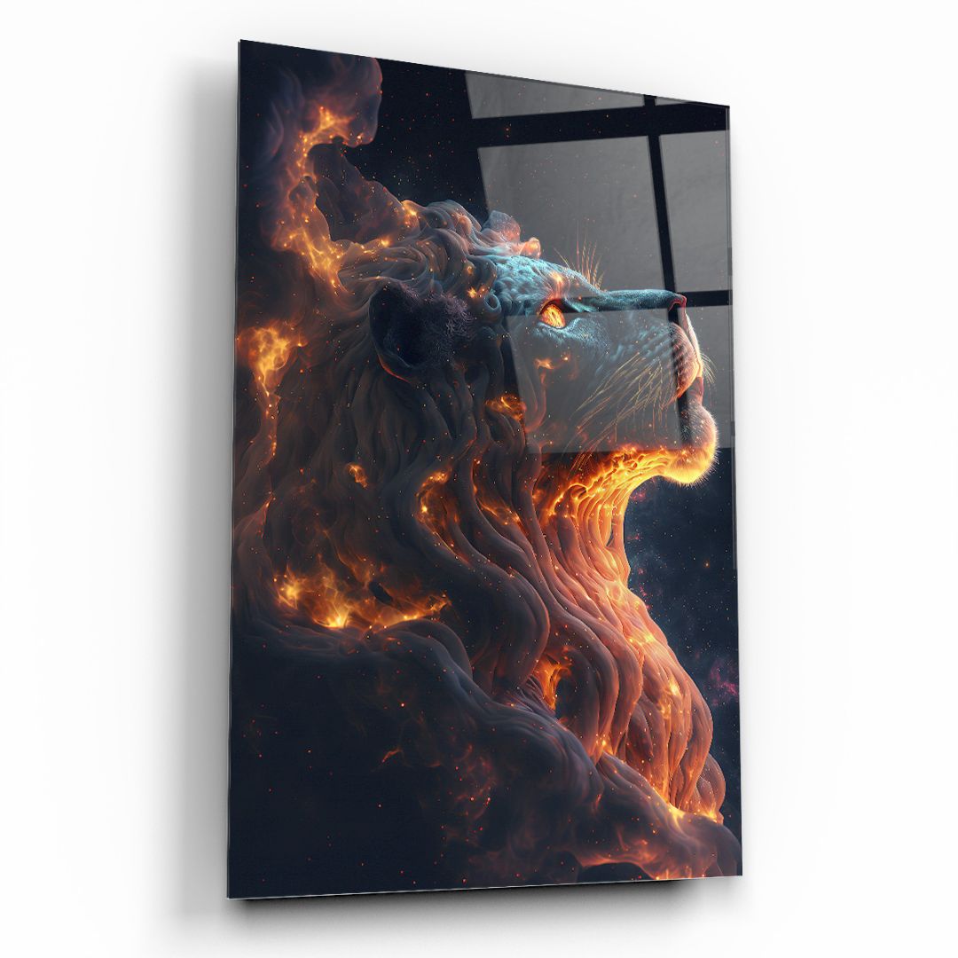 Celestial Blaze: The Lion's Roar Glass Wall Art