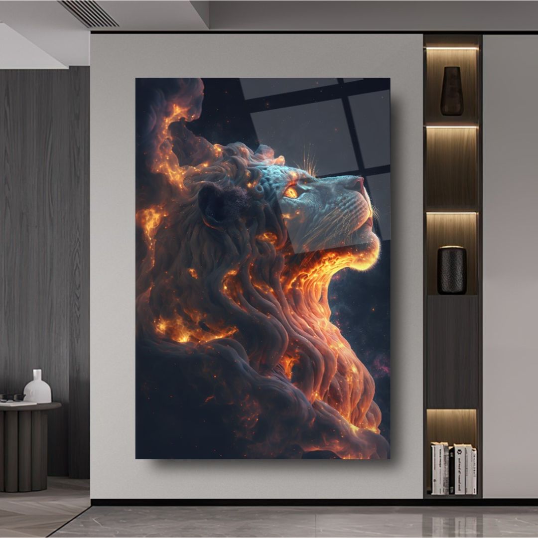 Celestial Blaze: The Lion's Roar Glass Wall Art