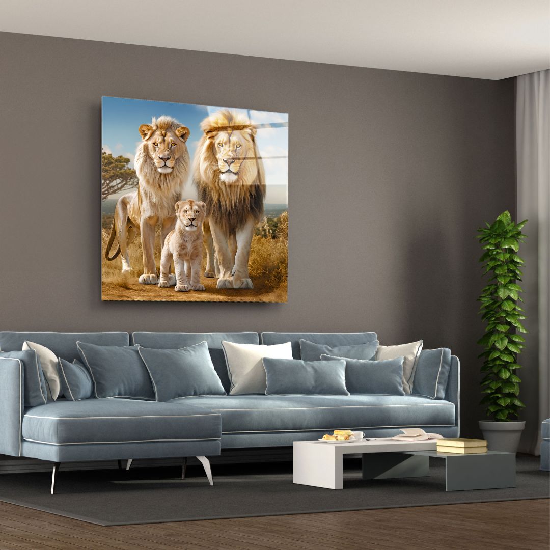 Majestic Lion Family Glass Wall Art