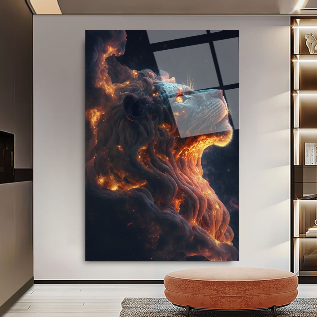 Celestial Blaze: The Lion's Roar Glass Wall Art