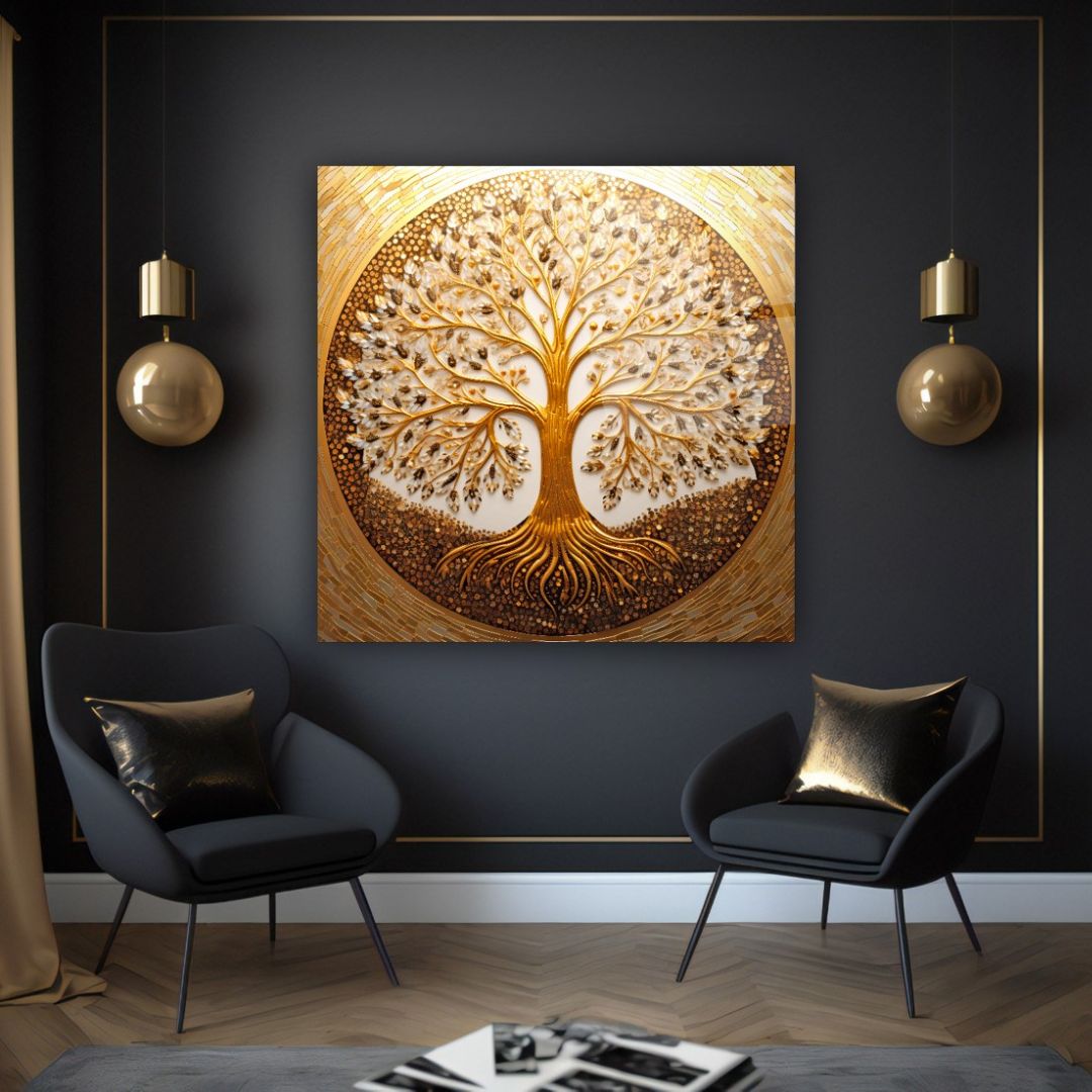 Golden Tree of Life Glass Wall Art