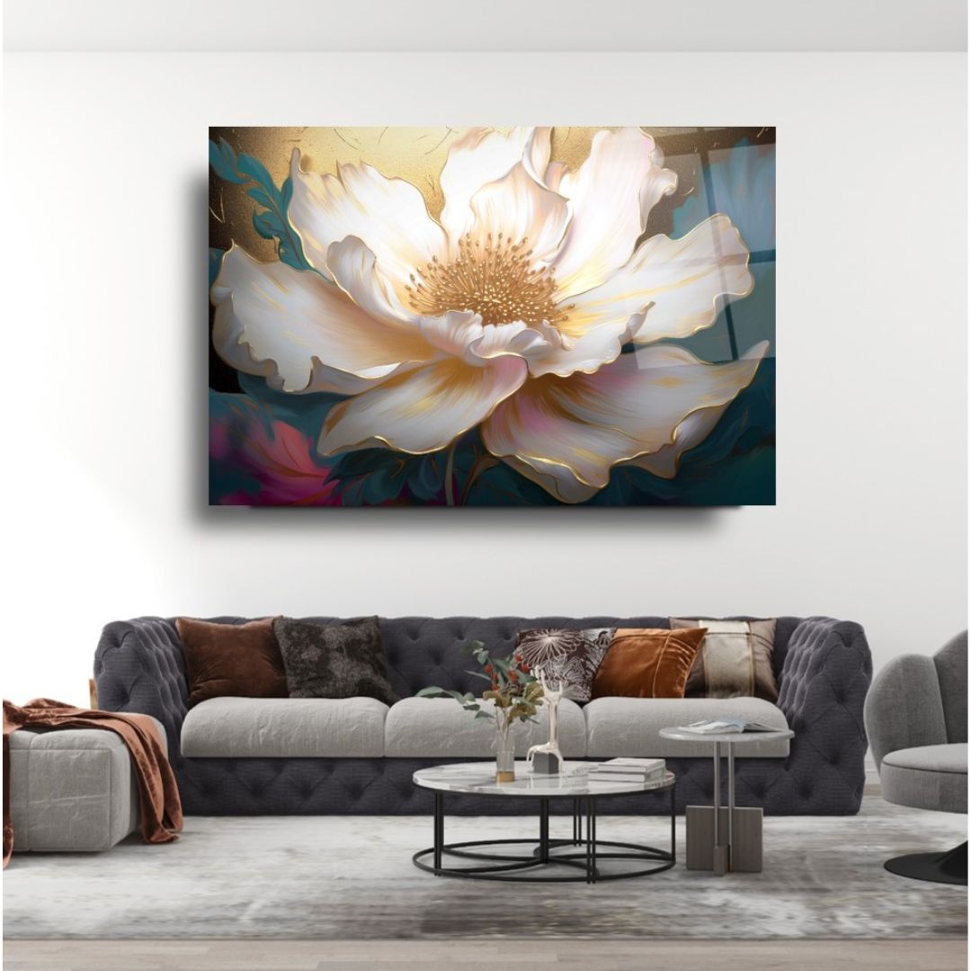 Golden Bloom Glass Wall Art