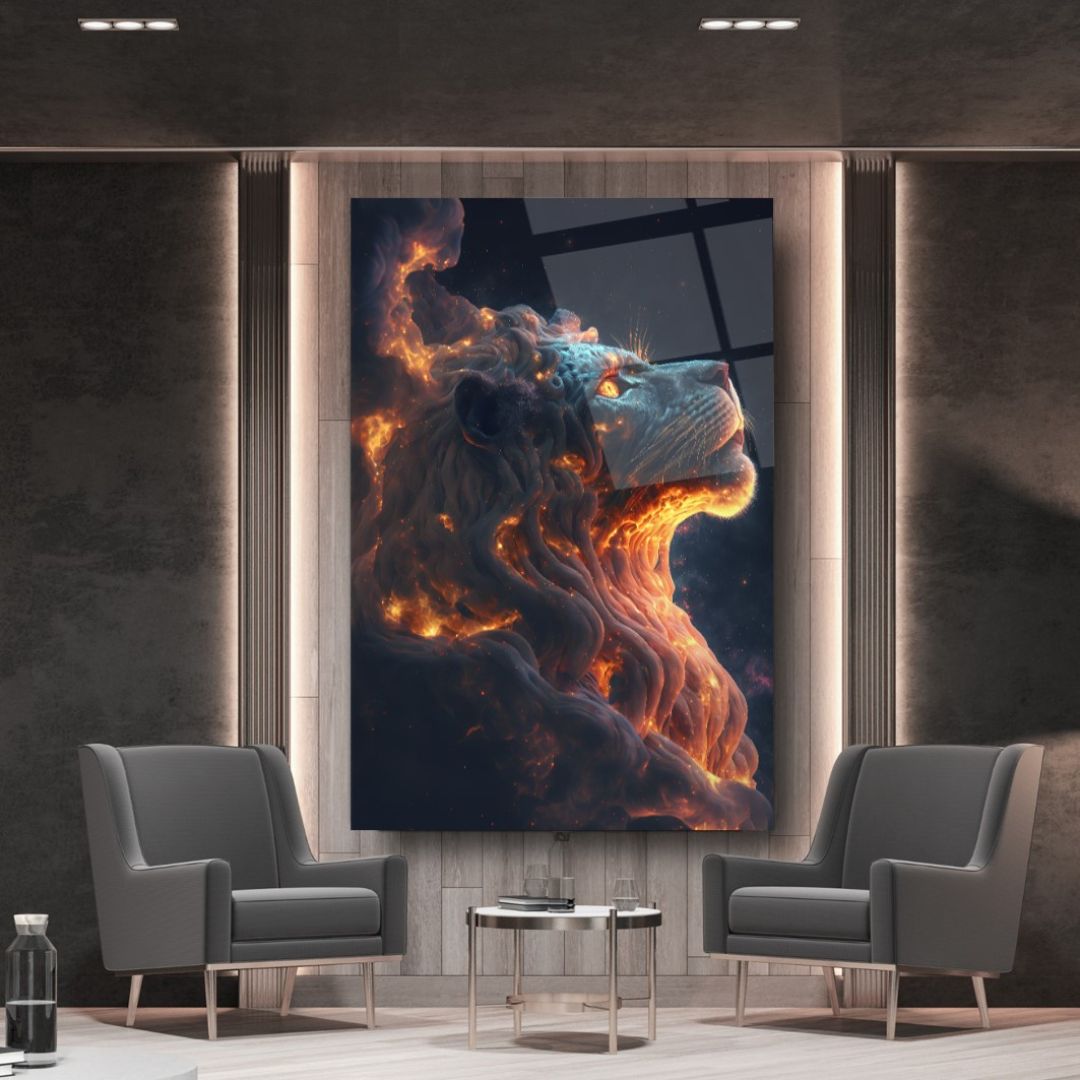 Celestial Blaze: The Lion's Roar Glass Wall Art