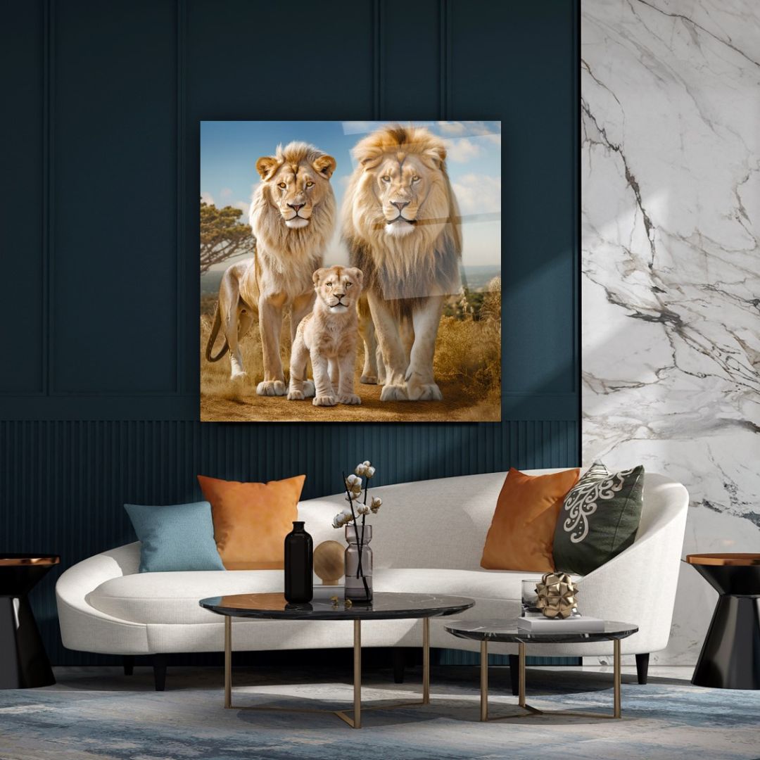 Majestic Lion Family Glass Wall Art