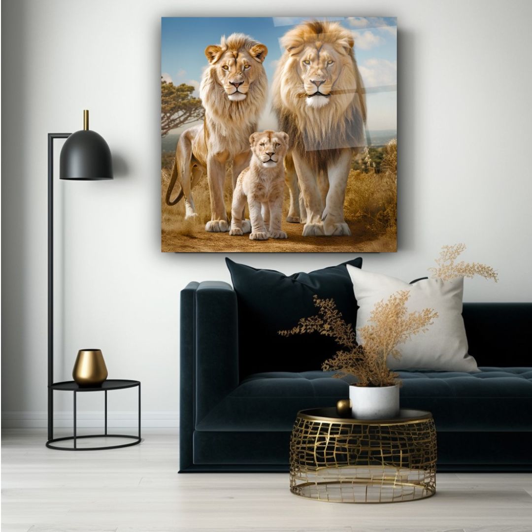 Majestic Lion Family Glass Wall Art