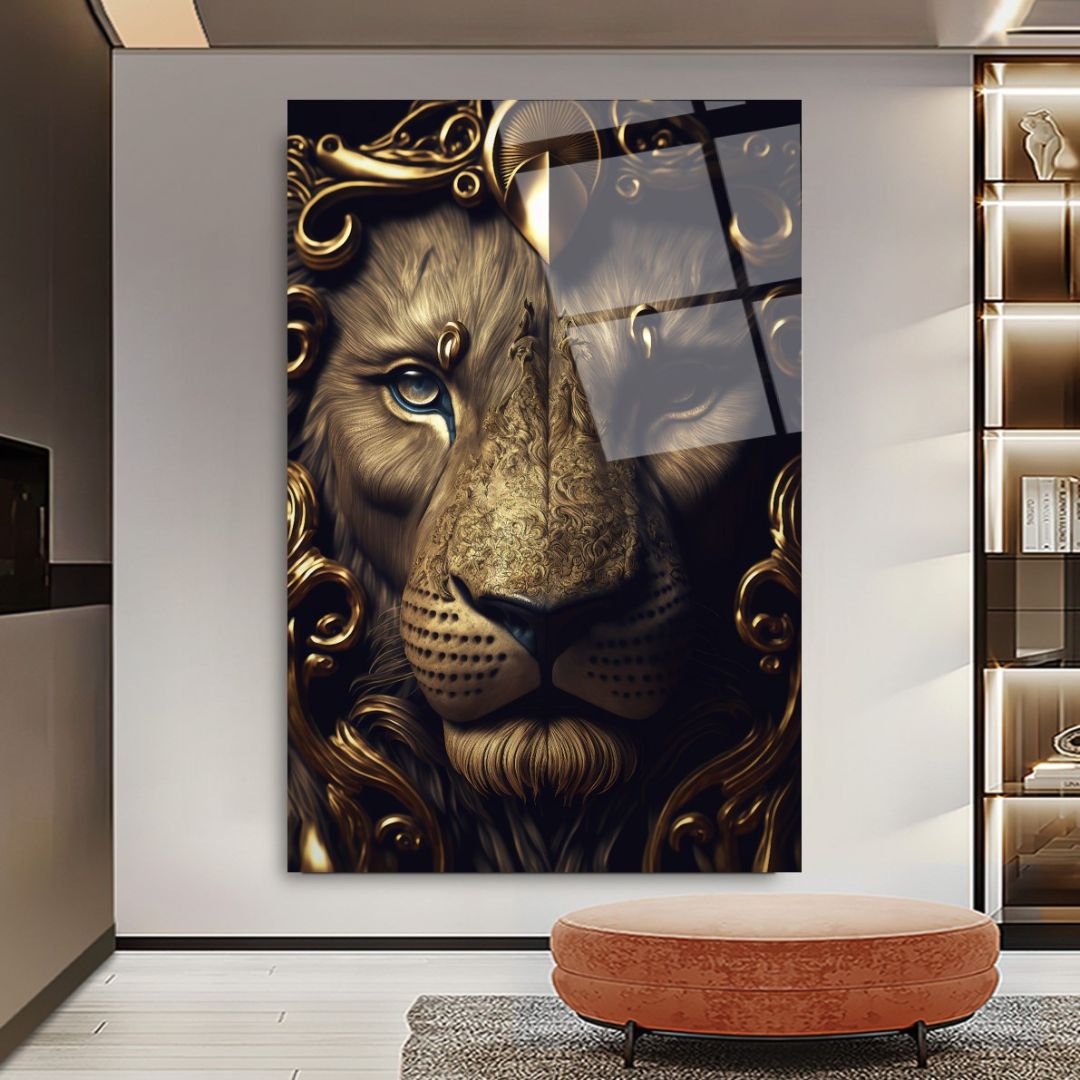 Regal Majesty: The Golden Lion glass wall art