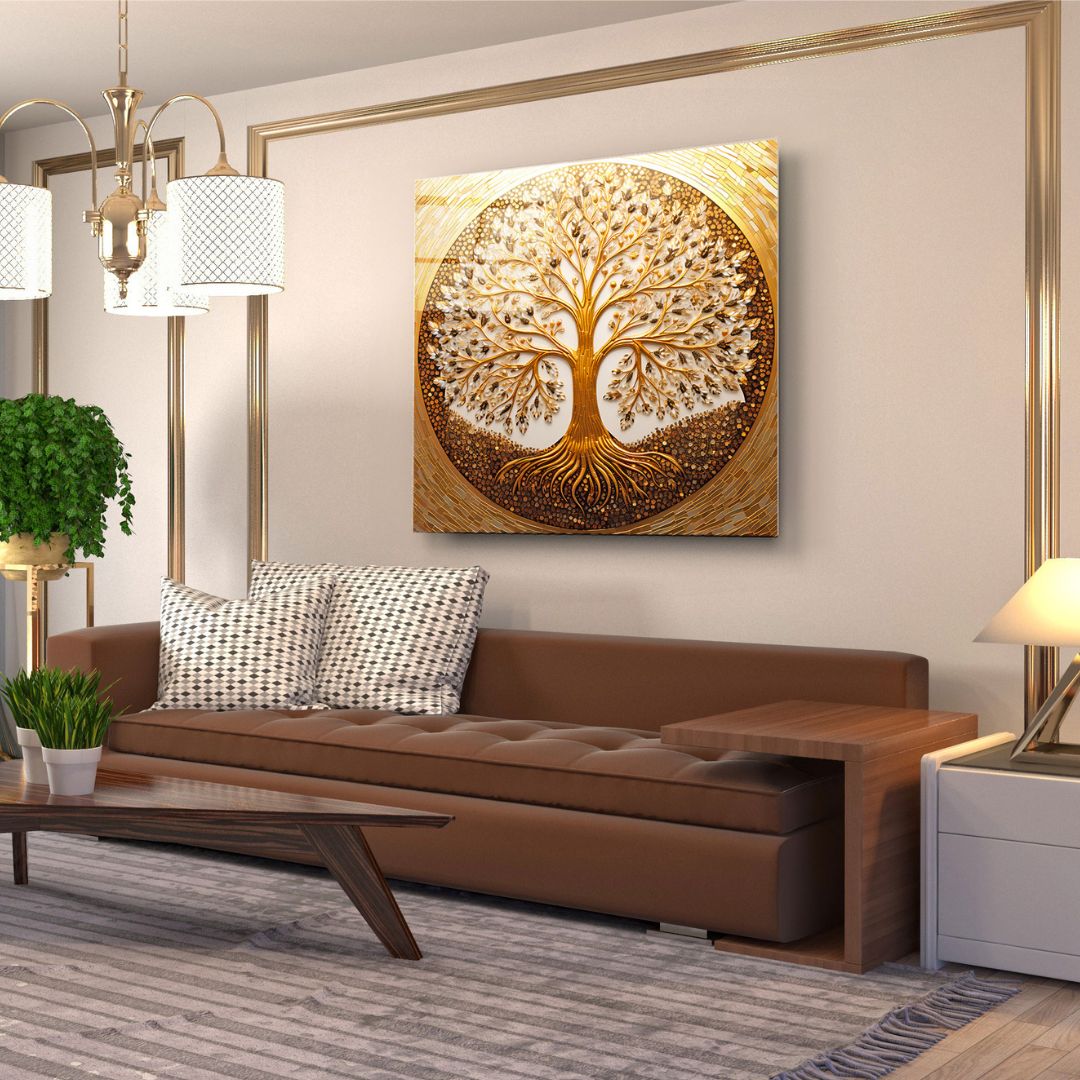 Golden Tree of Life Glass Wall Art