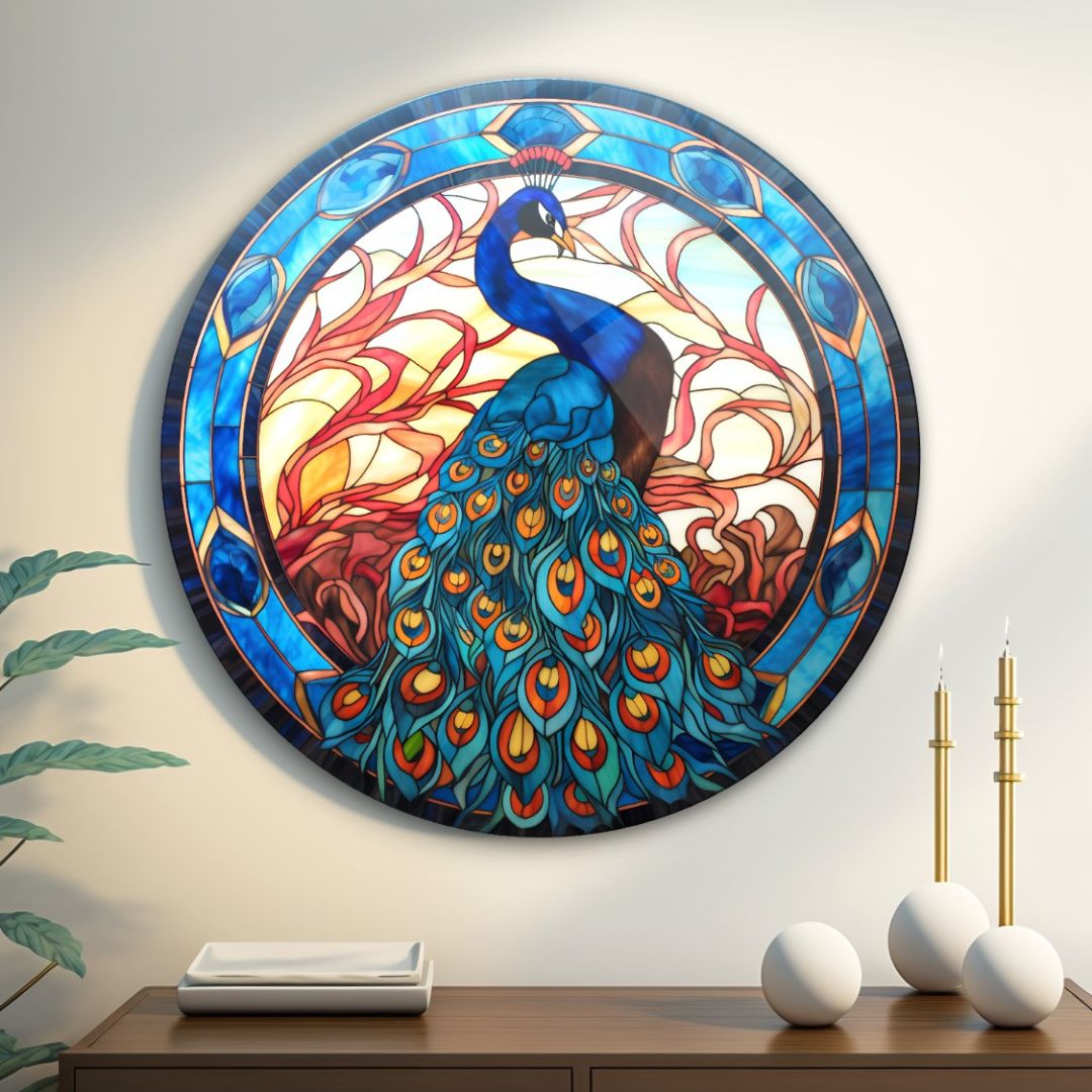 Majestic Radiance: The Peacock's Glory Glass Wall Art