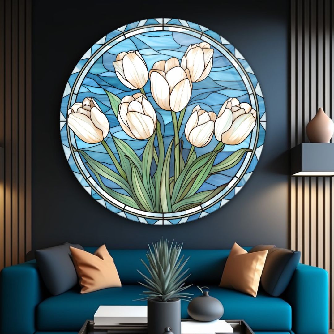 Blooming Grace: Ivory Tulips Glass Wall Art