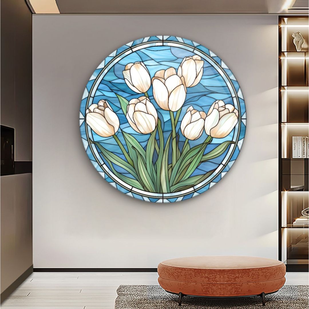 Blooming Grace: Ivory Tulips Glass Wall Art