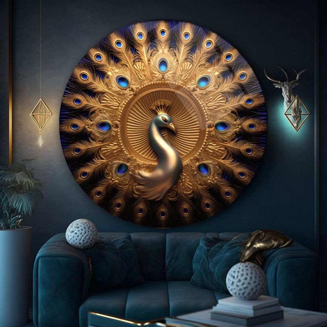 Majestic Elegance: The Golden Peacock Glass Wall Art