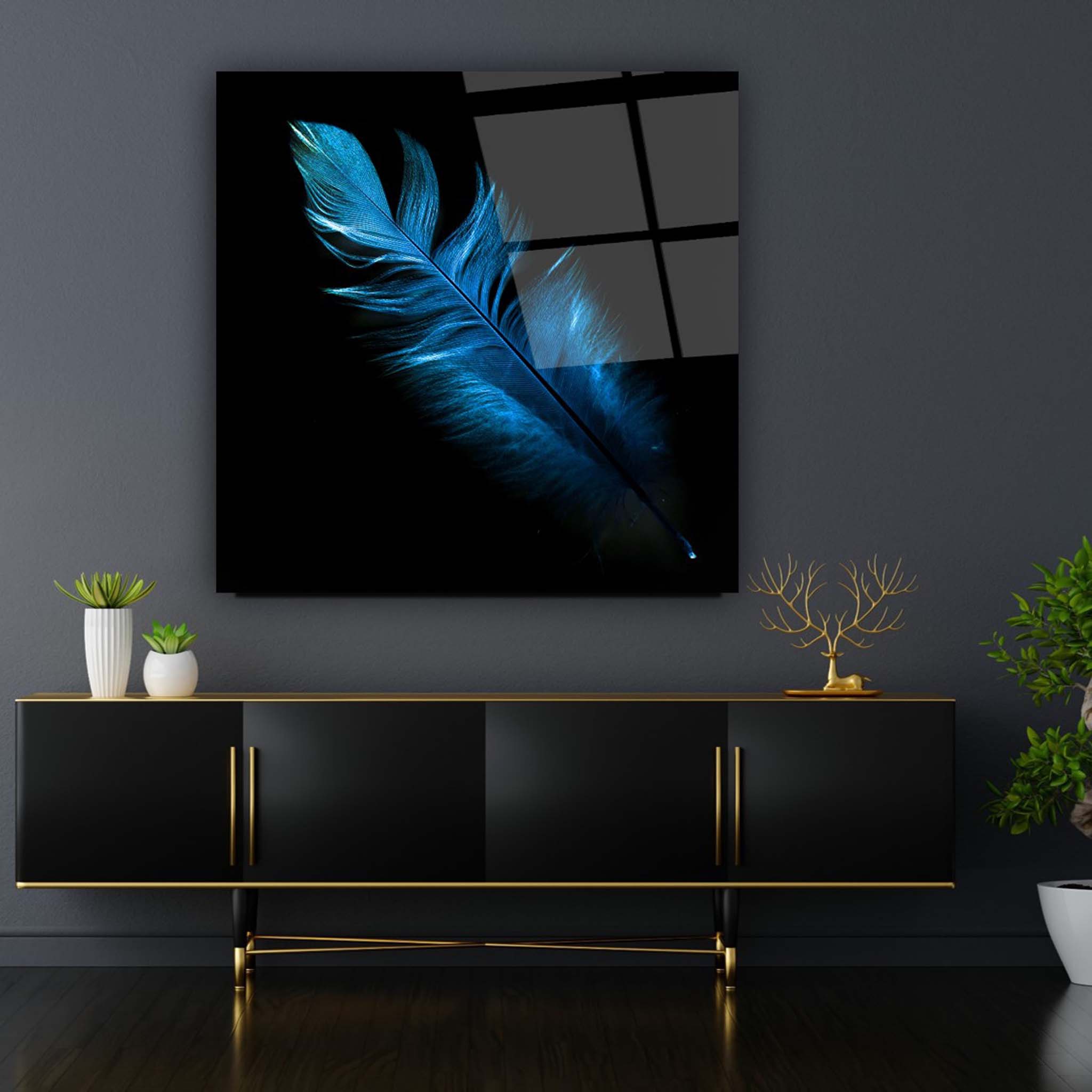 Blue Feather Glass Wall Art