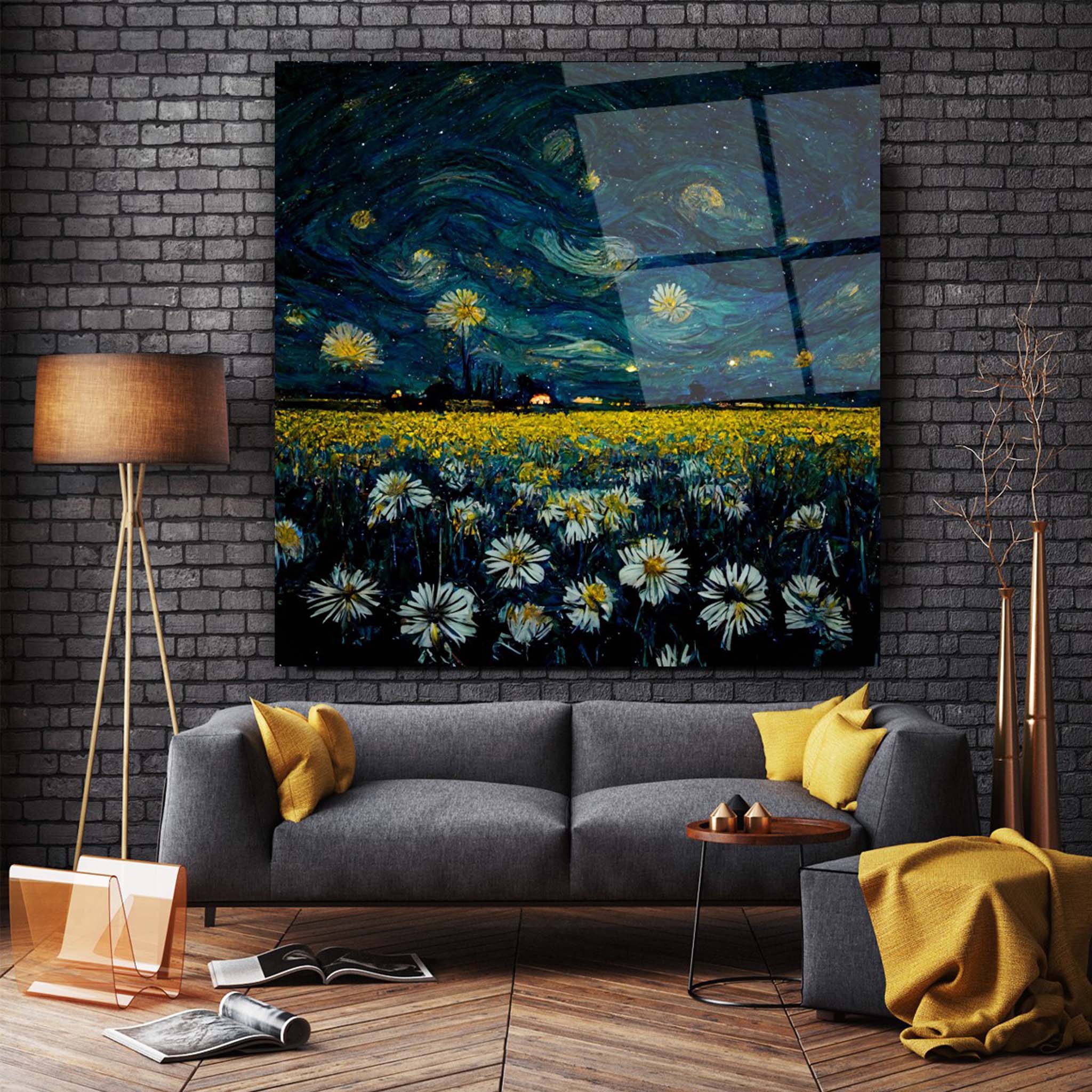 Starry Night and Flowers Glass Wall Art