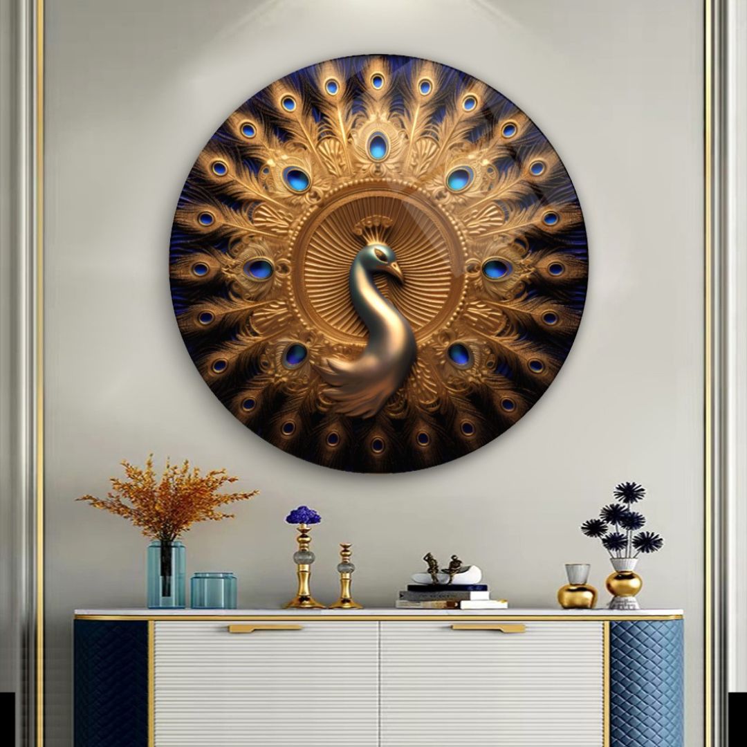 Majestic Elegance: The Golden Peacock Glass Wall Art