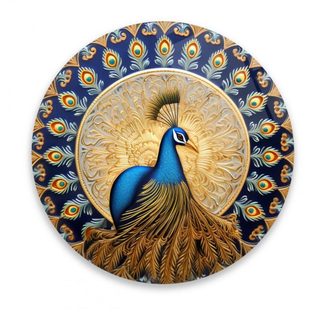 Regal Beauty: The Golden Peacock in Azure Glass Wall Art