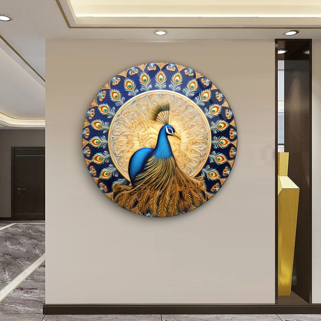 Regal Beauty: The Golden Peacock in Azure Glass Wall Art