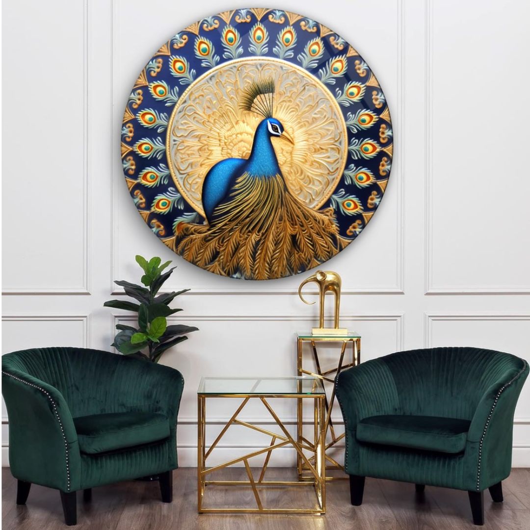 Regal Beauty: The Golden Peacock in Azure Glass Wall Art